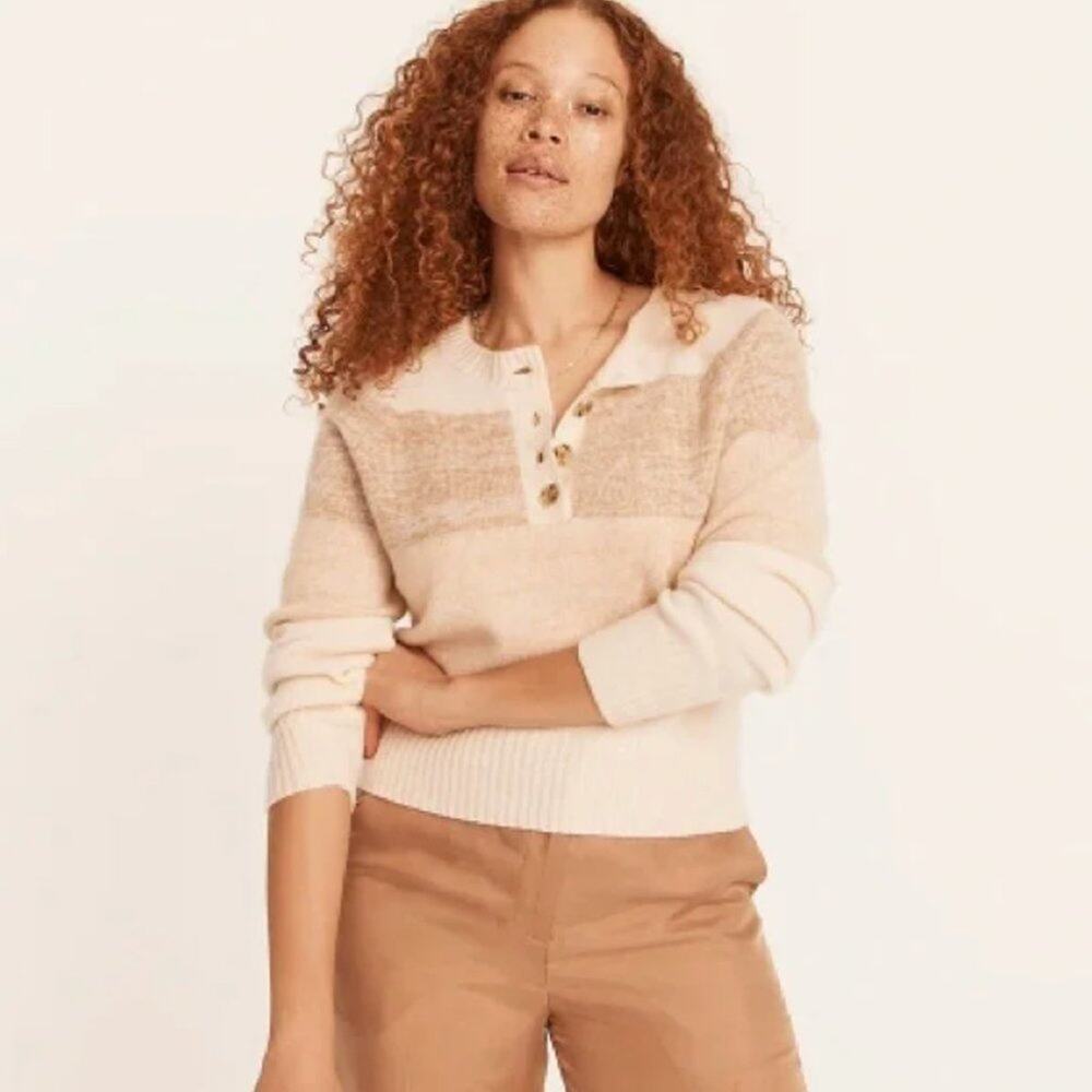 J.CREW Cashmere Marled Sweater in Stripe Butterscotch Camel Almond {3E21}